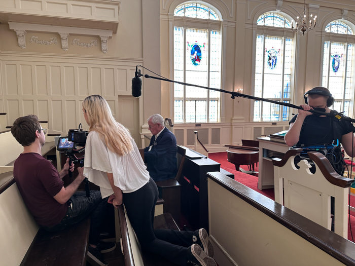 Crew filming Nick at Oxford Baptist Church in Oxford. NC